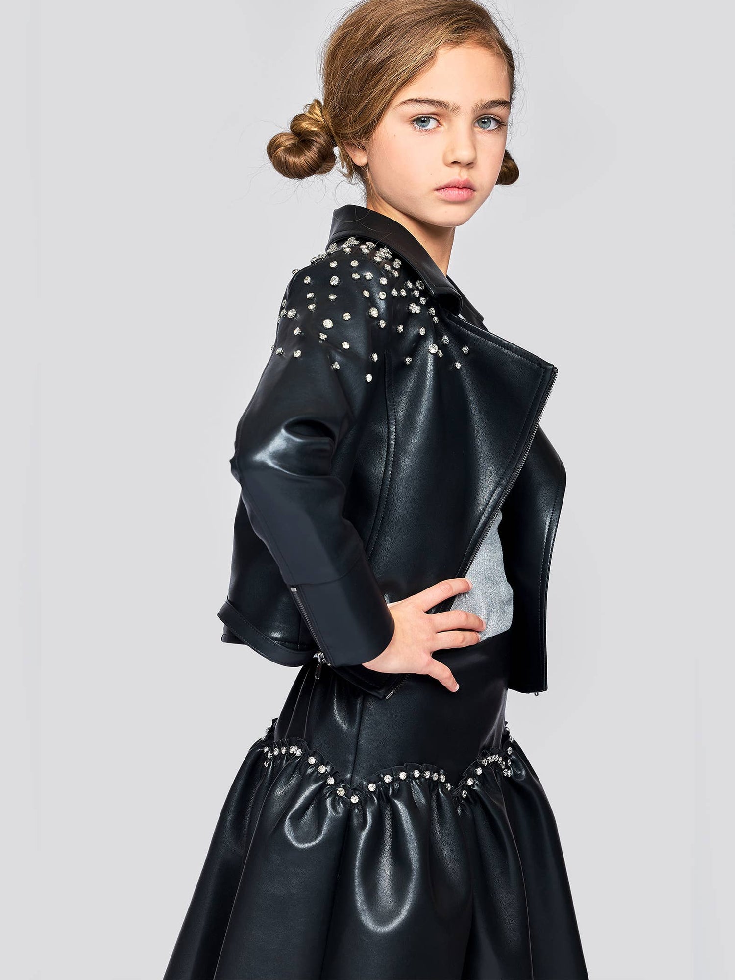 Vegan Faux Leather Moto Jacket With Rhinestones