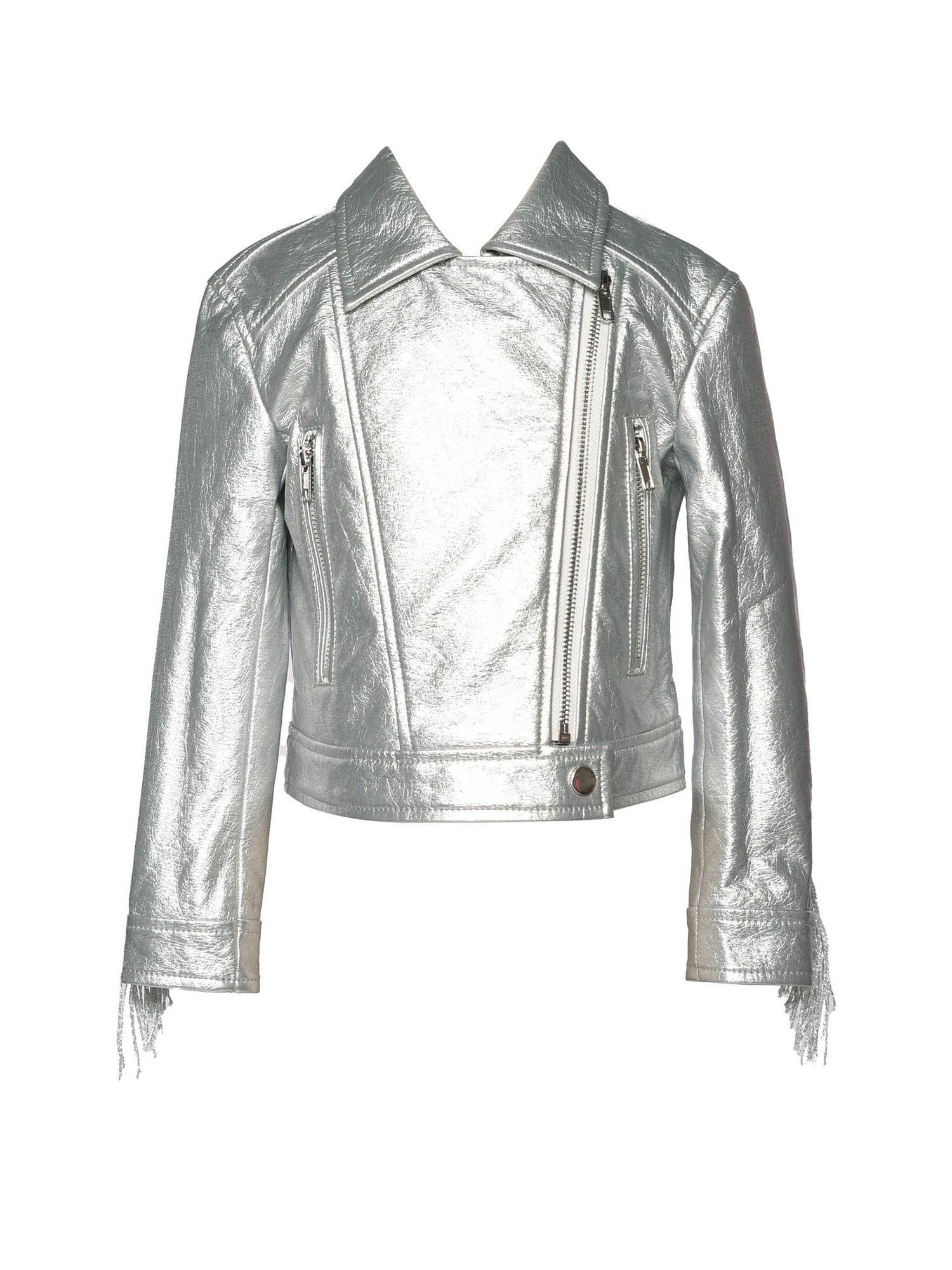 FAUX LEATHER METALLIC MOTO JACKET WITH FRINGE BACK DETAIL