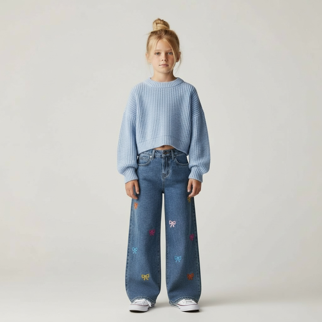 Kids Wide Leg Denim Jeans with Embroidered Bows