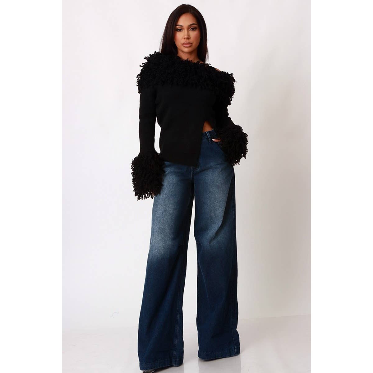 Textured Shaggy Knit Off Shoulder Top