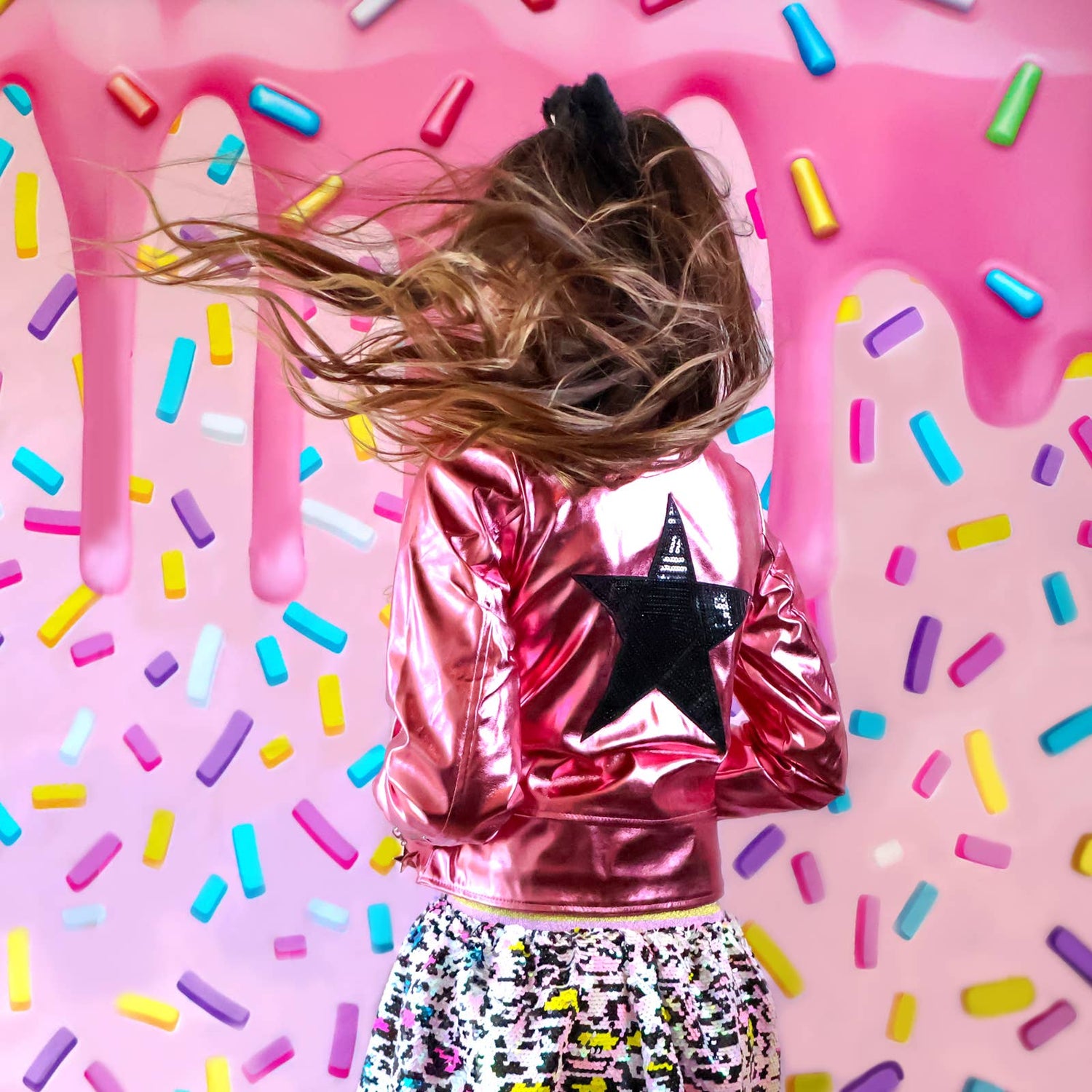 Pink Metallic Faux Leather with Black Patch Star Jacket