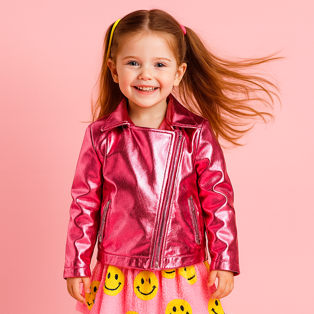 Pink Metallic Faux Leather with Black Patch Star Jacket