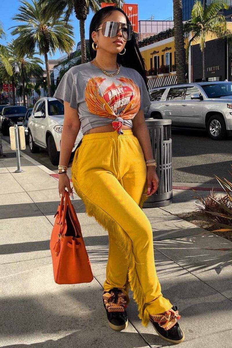 Fringe slim stretchy ruched waist pants