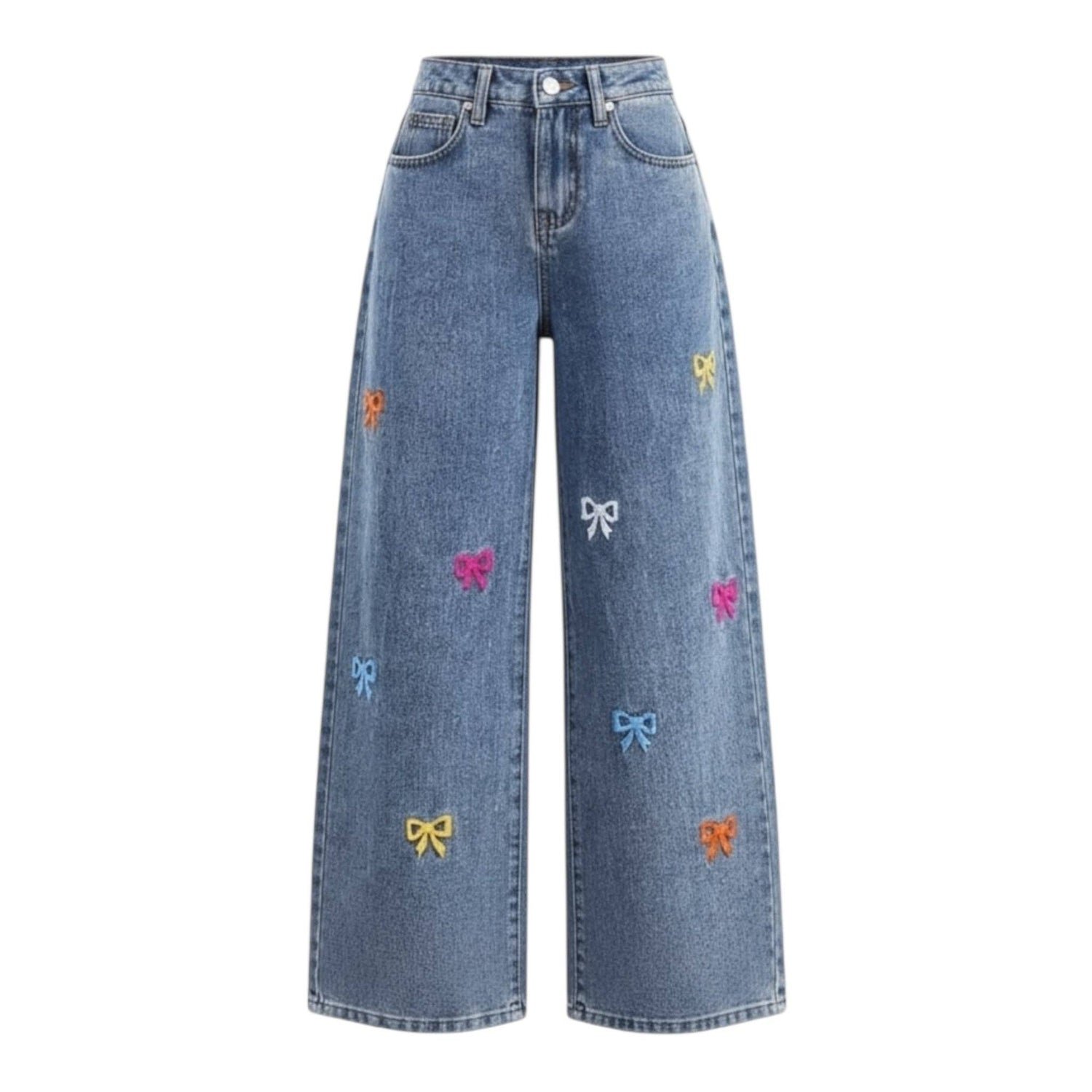 Kids Wide Leg Denim Jeans with Embroidered Bows