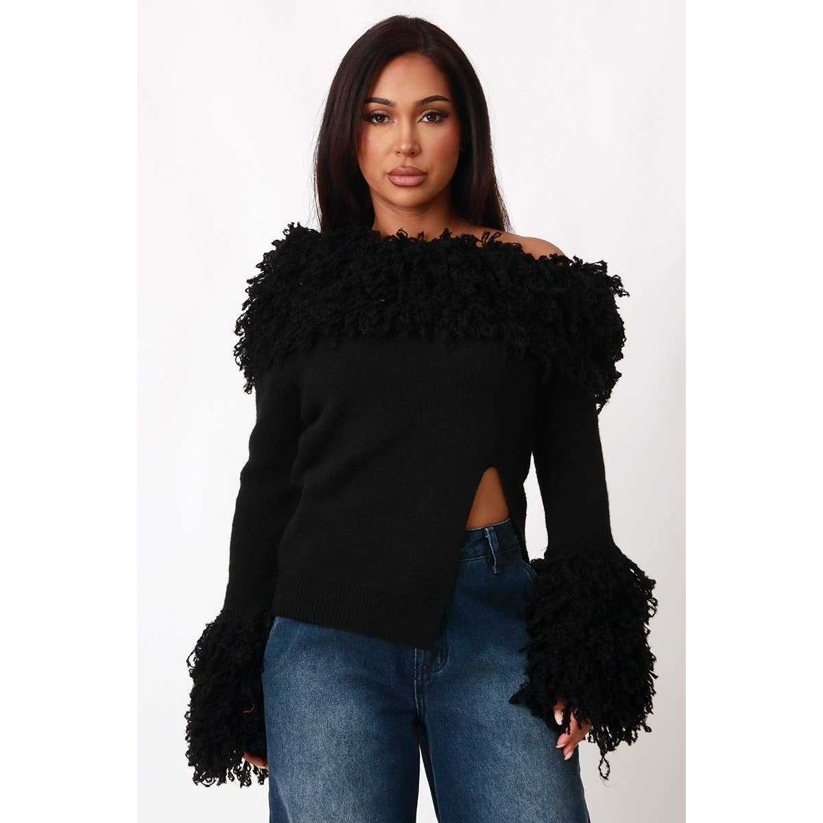 Textured Shaggy Knit Off Shoulder Top